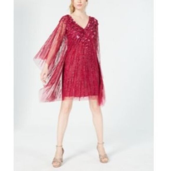 Adrianna Papell Embellished Rhinestones Kaftan Shift Dress Red Plum Size XS - Picture 1 of 16